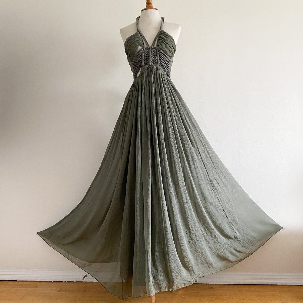 Sass & Bide Sage Green Silk Maxi Dress Macrame Cut Out Halter Backless XS